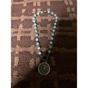Melania Clara Lion Medallion Pendant Necklace Aqua Blue Beaded Statement Jewelry